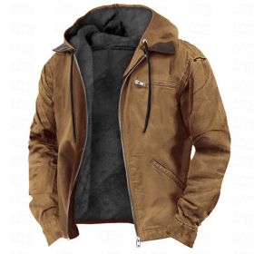Winter Hooded Coat With Pockets Fashion Warm Fleece Zip-up Jacket Casual Outwear Men's Clothing (Option: Camel-S)