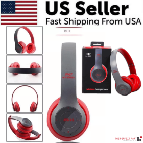 Wireless Bluetooth 5.0 Headphones Headset Over-Ear FM Radio MIC Foldable TF Card (Color: Red)