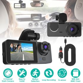 3 Channel Dash Cam Front Inside Rear Vehicle Driving Recorder Car DVR with 32G MMC Card G Sensor Motion Detection Parking Monitor Loop Recording (Color: as picture)